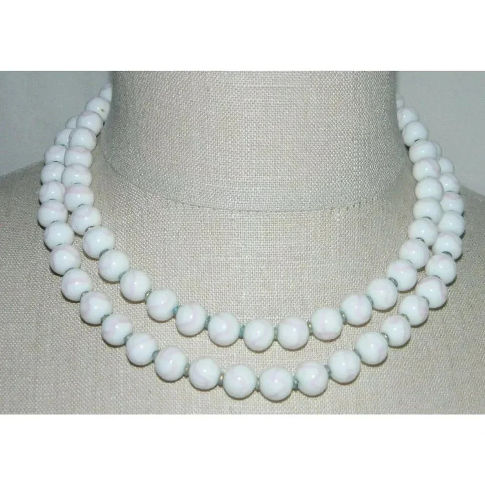 VTG NAPIER Gold Tone White Pink Marbled Glass Beaded Choker Necklace